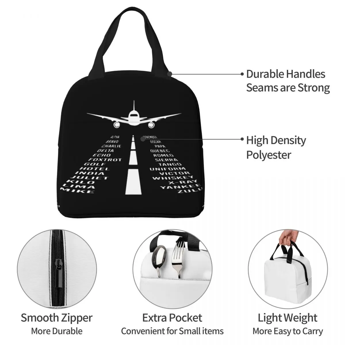 Airplane Phonetic Alphabet Pilot Gift Insulated Lunch Bag Thermal Bag Lunch Container Aviation Plane Fighter Tote Box