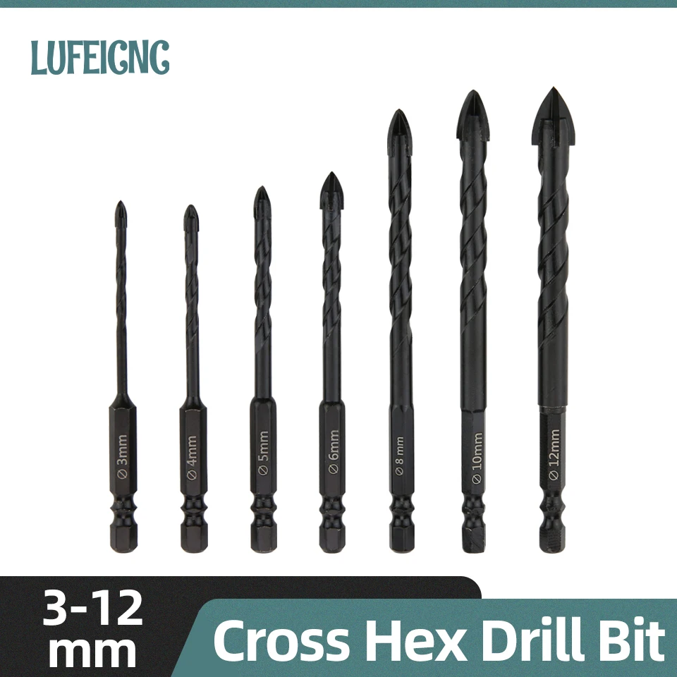 Drill bit set Cross Hex Drill Bit Set Concrete Porcelain Tile Glass Metal Professional Multifunction Drill Bits Kit Tools Carbide Drills