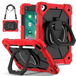 Rugged 360° Rotating Tablet Case with Stand and Shoulder Strap - iPad 9.7 (2017) 5th (Red black)