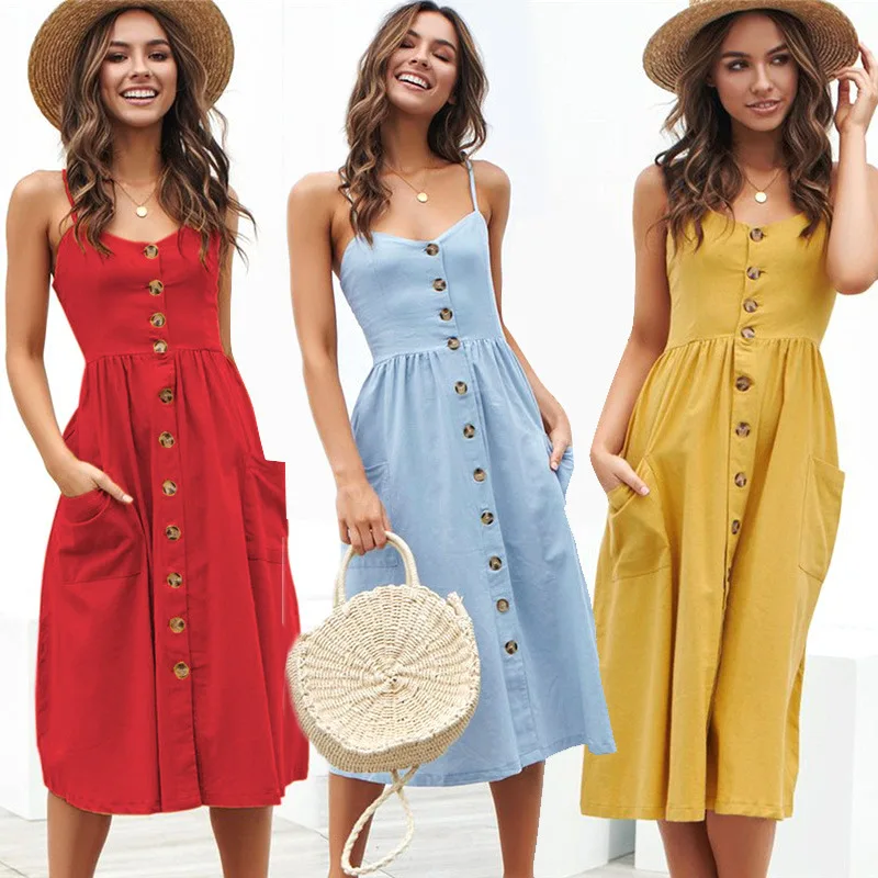 

Harajuku Casual Print Summer Beach Dress 2021 Sundress Sexy Spaghetti Strap V-Neck Button Women Midi Vestidos Red Robe Femme