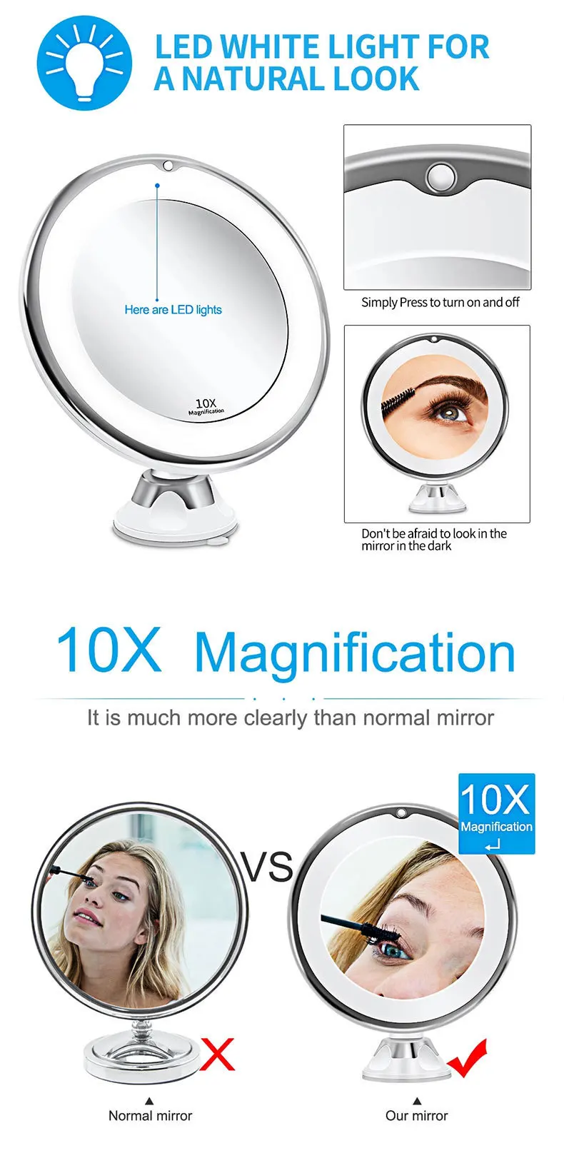 10x magnifying mirror with light showing overall size and design.