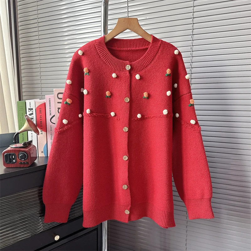 

Red Sweater Coat Women's Autumn casual jumpers cardigans Glutinous Christmas Atmosphere Knitted Top coat