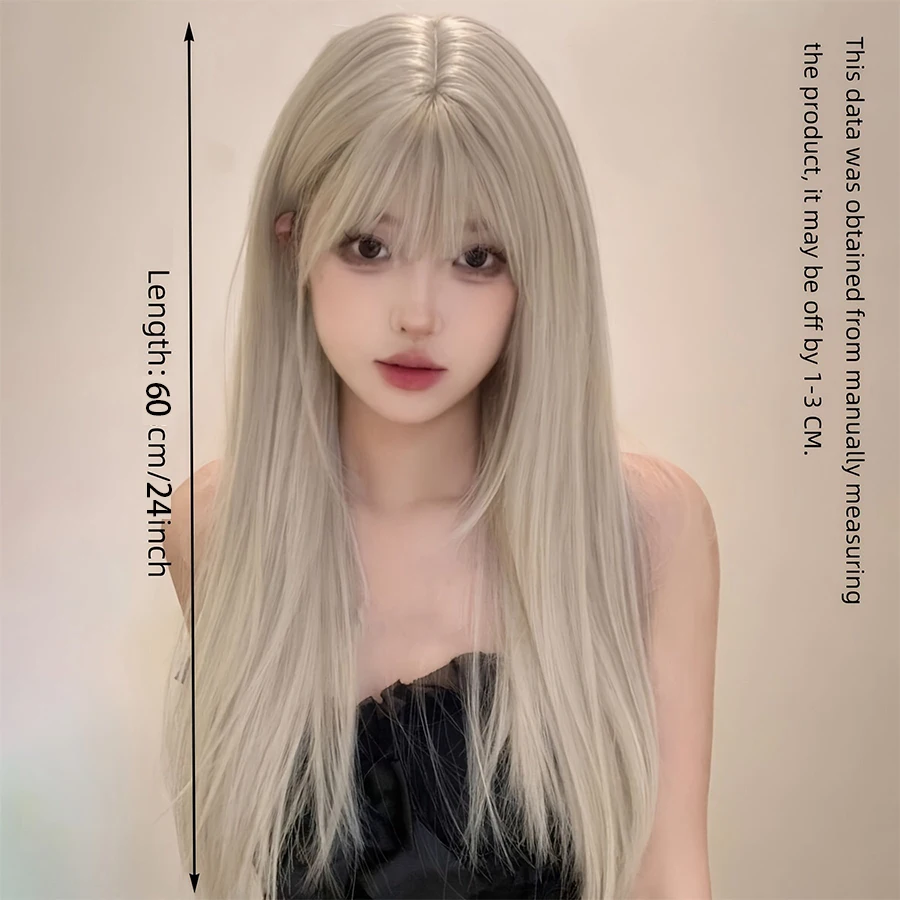 Straight Layered White Gold Wigs with Neat Bangs High Density Synthetic Natural Fake Hair Wig for Women Daily Cosplay Party Wigs