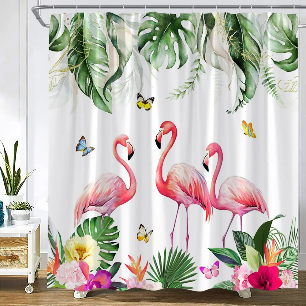 

Flamingo Shower Curtain Tropical Monstera Palm Leaves Butterfly Flowers Plants Bath Curtains Fabric Bathroom Bathtub Decoration