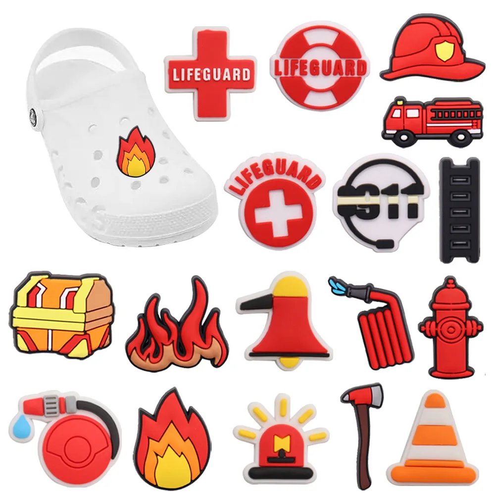 

1Pcs PVC Shoe Charms Flame Fire Truck Safety Helmet Accessories Shoe Buckle Decorations Fit Bracelets Croc Jibz Children Gift