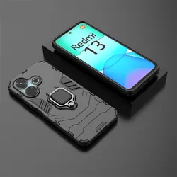 Shockproof Armor Phone Case with Stand Holder - Durable PC Silicone Back Cover for Redmi 13x (Dark Black)