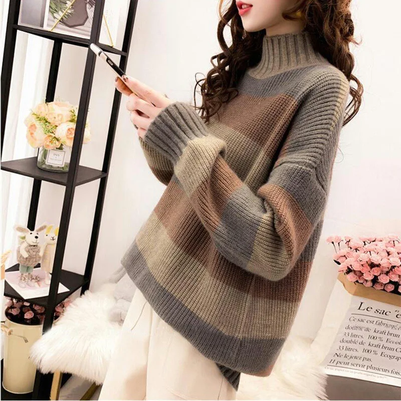 Half Turtleneck Sweater for Women Loose Mid-length Thickened Sweater Pullover Fashionable and Versatile Bottoming Skirt Dresses 2