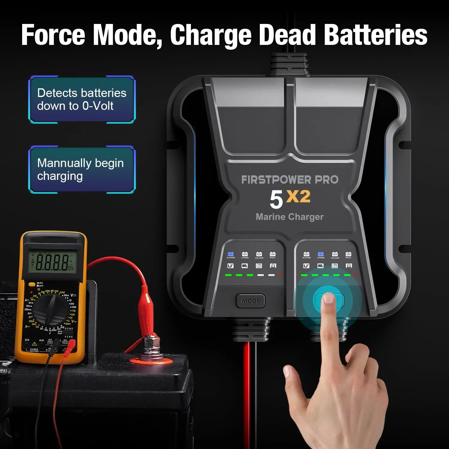 2 Bank Battery Charger 5X2, 10A (5A/Bank)-12V Waterproof Onboard Battery Charger, Maintainer & Desulfator for S