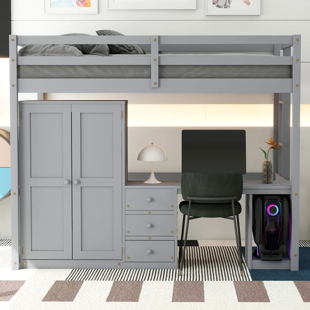 4-in-1 Full Size Loft Bed with 2 Large Drawers Wardrobe, Desk and Storage Drawers,Modern Style Daybed,Children Bed Boys Bed Gray 3