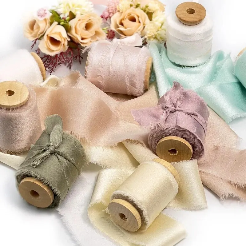 Satin Ribbons 4CM*5M Handmade Frayed Edged Silk Ribbon for Wedding Invitation Wrapping Bouquets Birthday Party Decorations Gifts