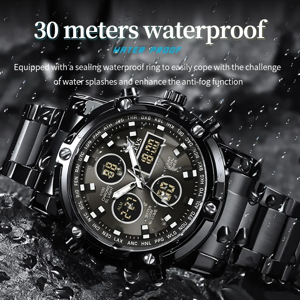 OLEVS 1106 Digital Complication Luxury Watch for Men Sport Stainless Steel Strap Waterproof Men Wristwatch Luminous Alarm