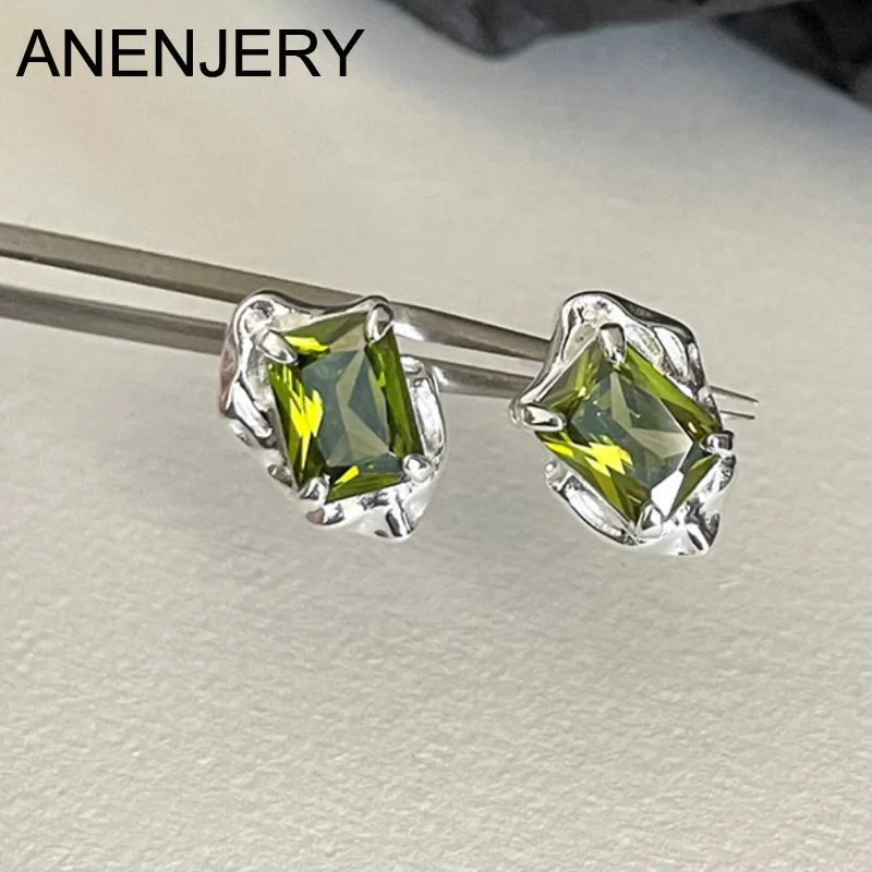ANENJERY 여성용 신선한 올리브 그린 지르콘 스터드 귀걸이, 파티 쥬얼리 선물, 절묘한 쥬얼리 