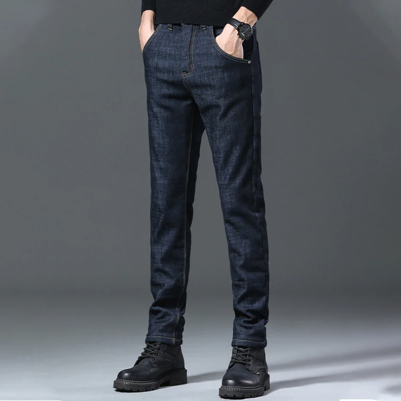 2022 Winter Thick Warm Fleece Jeans Men Black Fashion Business Denim Trouser Blue Stretch Slim Fleece Jeans Man