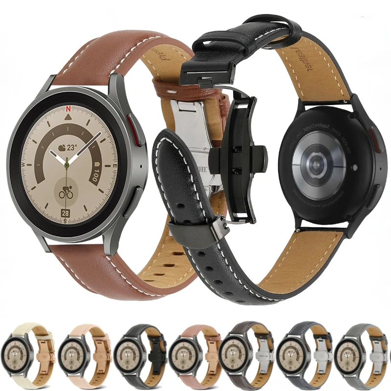 

20mm 22mm Genuine Leather Strap for Samsung Galaxy Watch 6/5/4 Huawei Watch 4/GT3 Butterfly Buckle Belt for Amazfit GTR/GTS Band