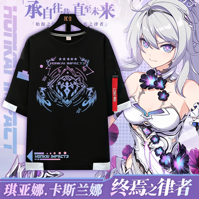 

Anime Honkai Impact 3 Kiana Kaslana Herrscher of Finality Cosplay Summer Fake Two Pieces Ribbon Tee Unisex Short Sleeve T-shirt