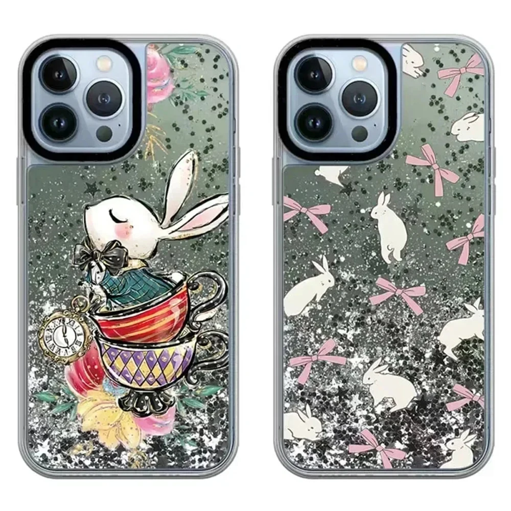 

Transparent Border Silver Quicksand Rabbit Bowknot Pattern iPhone 12 13 14 15 Pro Max Protective Case