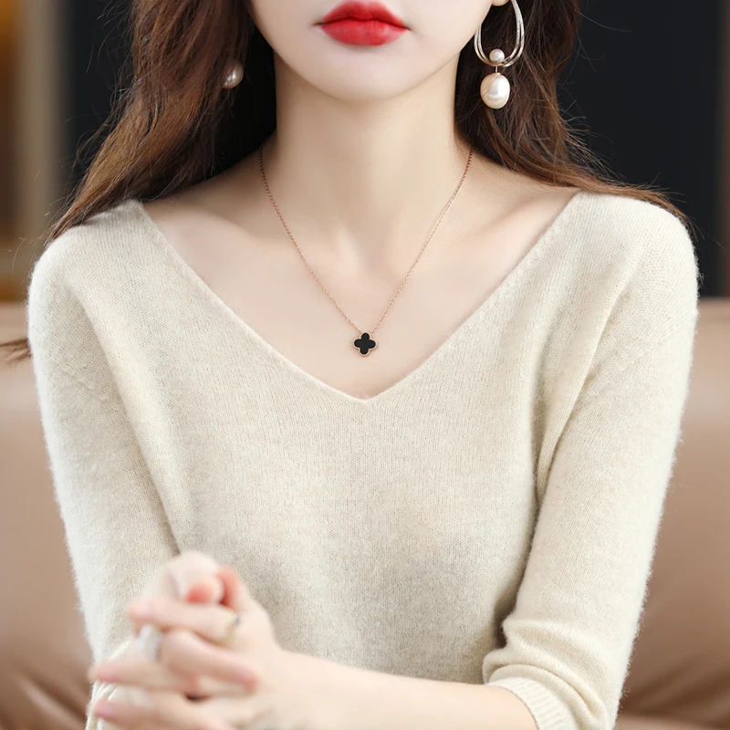 

T-shirt Knitwears Short Sleeve Sweater Cashmere Women V-Neck Pullover 100% Wool Female Clothing Fashion Blouse 2023 Knit Jumpers