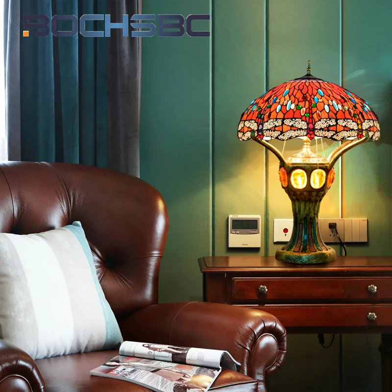 

BOCHSBC Tiffany stained glass desk lamp retro style Creative red dragonfly art Deco living room study Bedroom Hotel office lamp