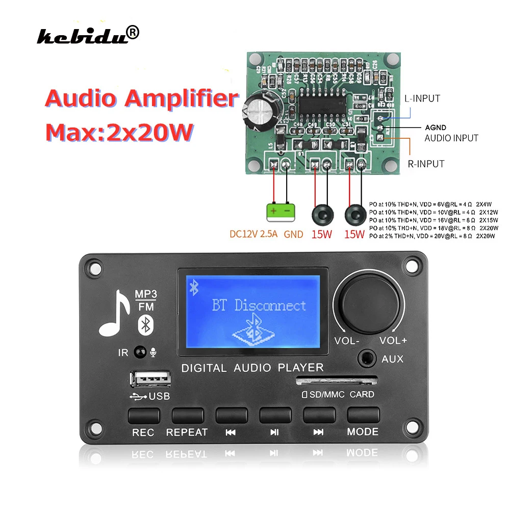 DC 7-26V 2x40W Amplifier MP3 Decoder Board Call Recording TF FM Radio Bluetooth Wireless Audio Module Big Color Screen For Car