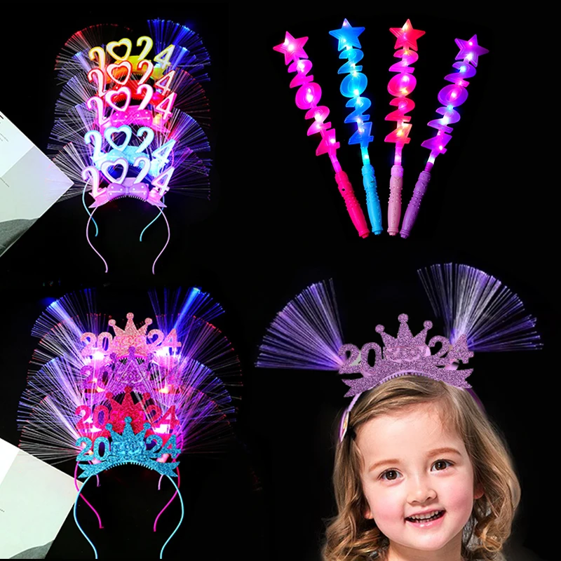 

2024 LED Glowing Stick New Year Fiber-optic Crown Headband Headwear Sparkle Toy Magic Wand Kid Birthday Party Favors Gifts