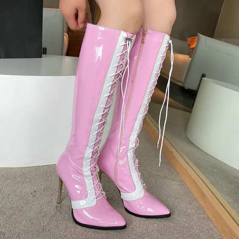 

PU Patent Leather Pink White Contrast Color Luxury Pointed Toe Sexy Knee High Cowboy Girl Boots Lace-up Thin Heels Stretch Boots