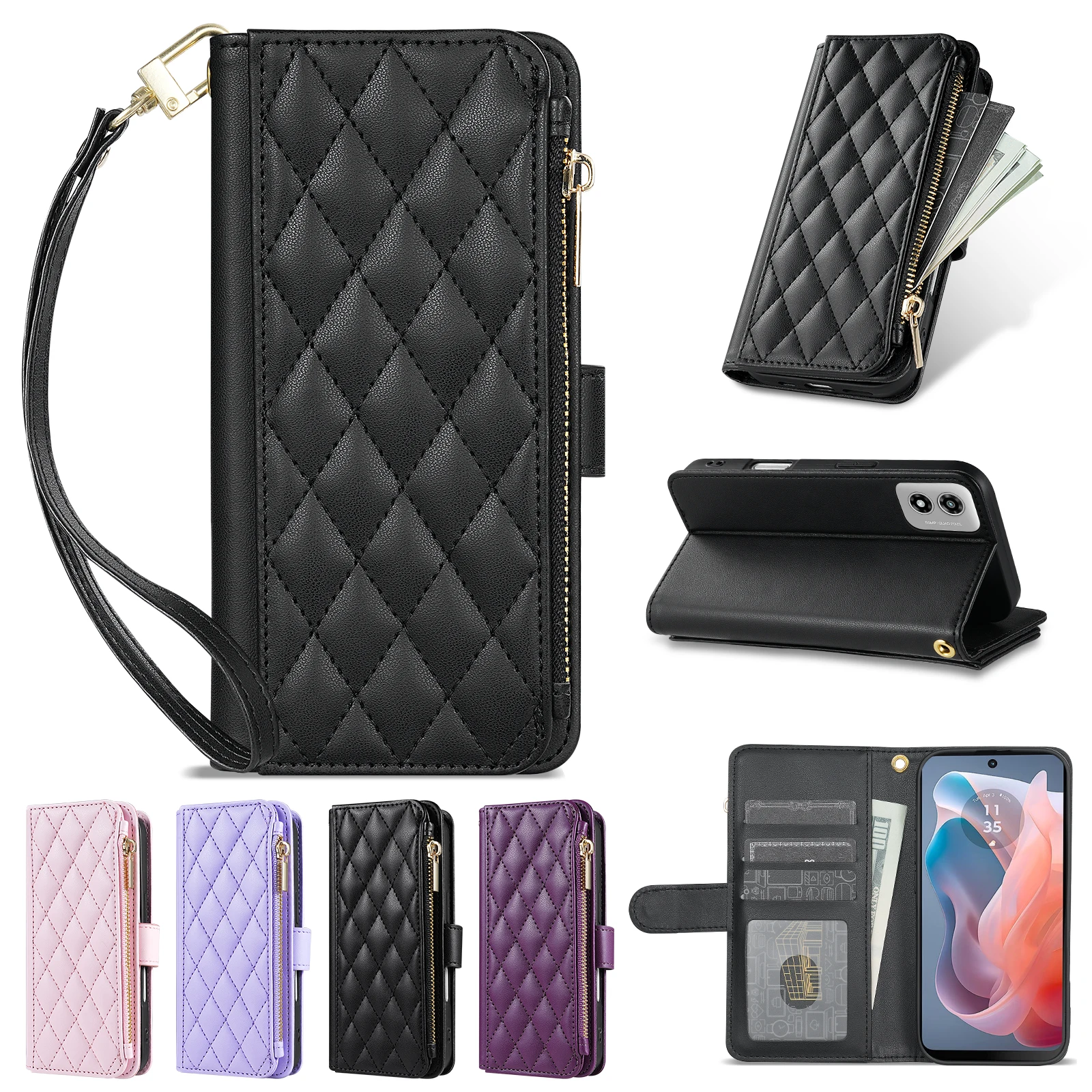 Compact Fragrance Zipper Card Slot Stand Magnetic Flip Leather Wallet Case Cover