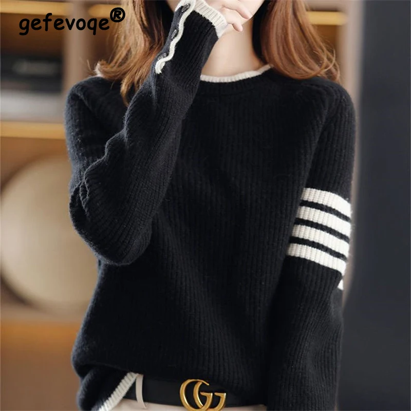

Women's Trendy Striped Patchwork Casual Streetwear Knitted Sweater Autumn Winter Korean Long Sleeve Pullover Tops Loose Jumpers