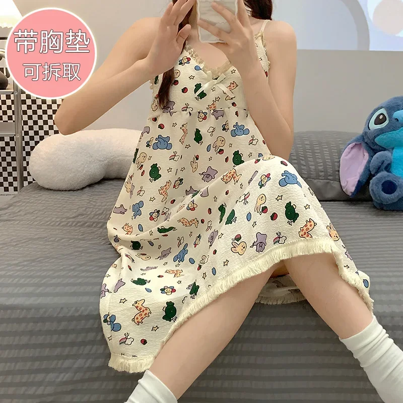 5XL Plus Size Summer Sweet Sleepwear Women Sleeveless Sleep Dress with Cheat Pad Cartoon Nightgown Teenage Student Loose Pajamas