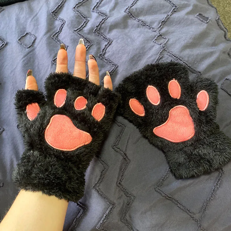 Kawaii Cute Cat Paw Fluffy Claw Fingerless Gloves Warm Soft Plush Women Half Finger Plush Mittens Winter Wear Christmas Gifts