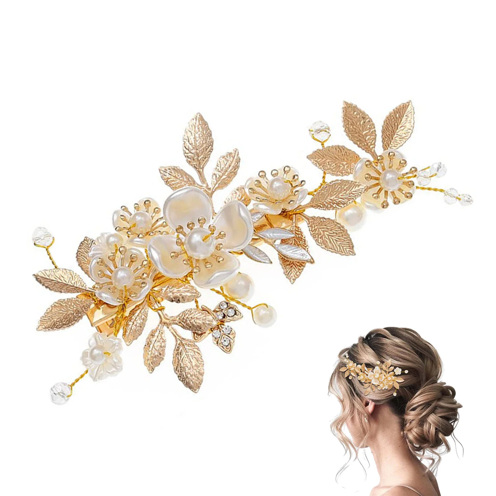 Weiße Blumen-Haarnadeln, seitliche Clips, goldfarben, Legierung, Blatt-Haarspangen, Perlen, Kopfschmuck, Braut, Hochzeit, Party, Haarschmuck, Zubehör – Detail 7
