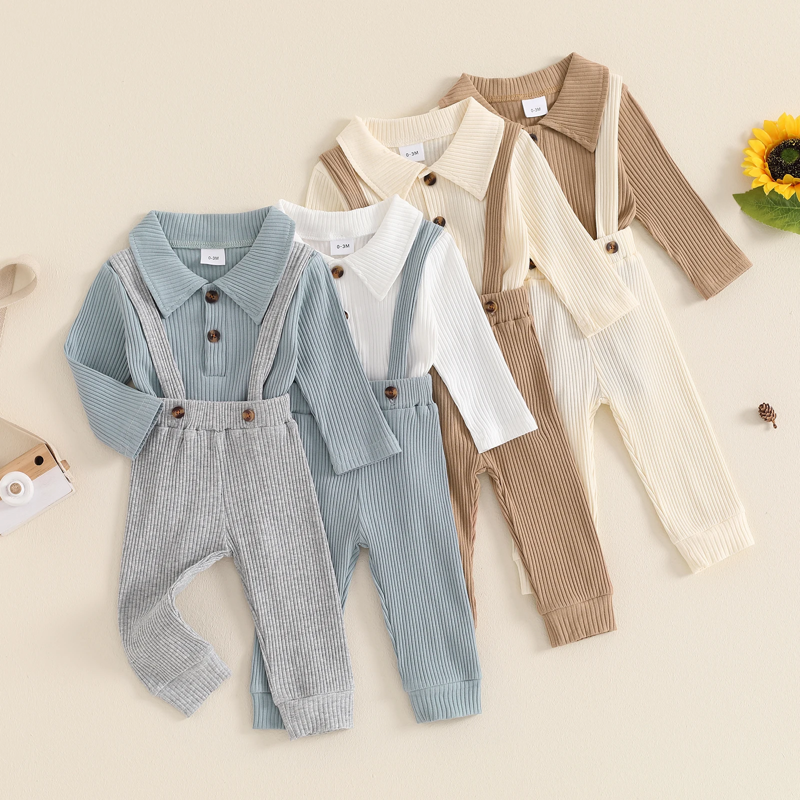 Toddler Baby Boys Fall Turn-Down Collar Bodysuits Outfits Casual Long Sleeve Rompers Suspender Knitted Pants Kids Clothes Set