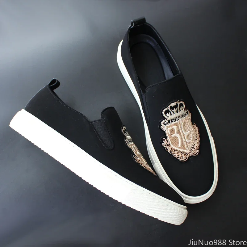 Brand New Men Casual Shoes Black Suede Leather Man Party Luxury Embroidery Flat Shoes Tide Slip-On Loafers 4