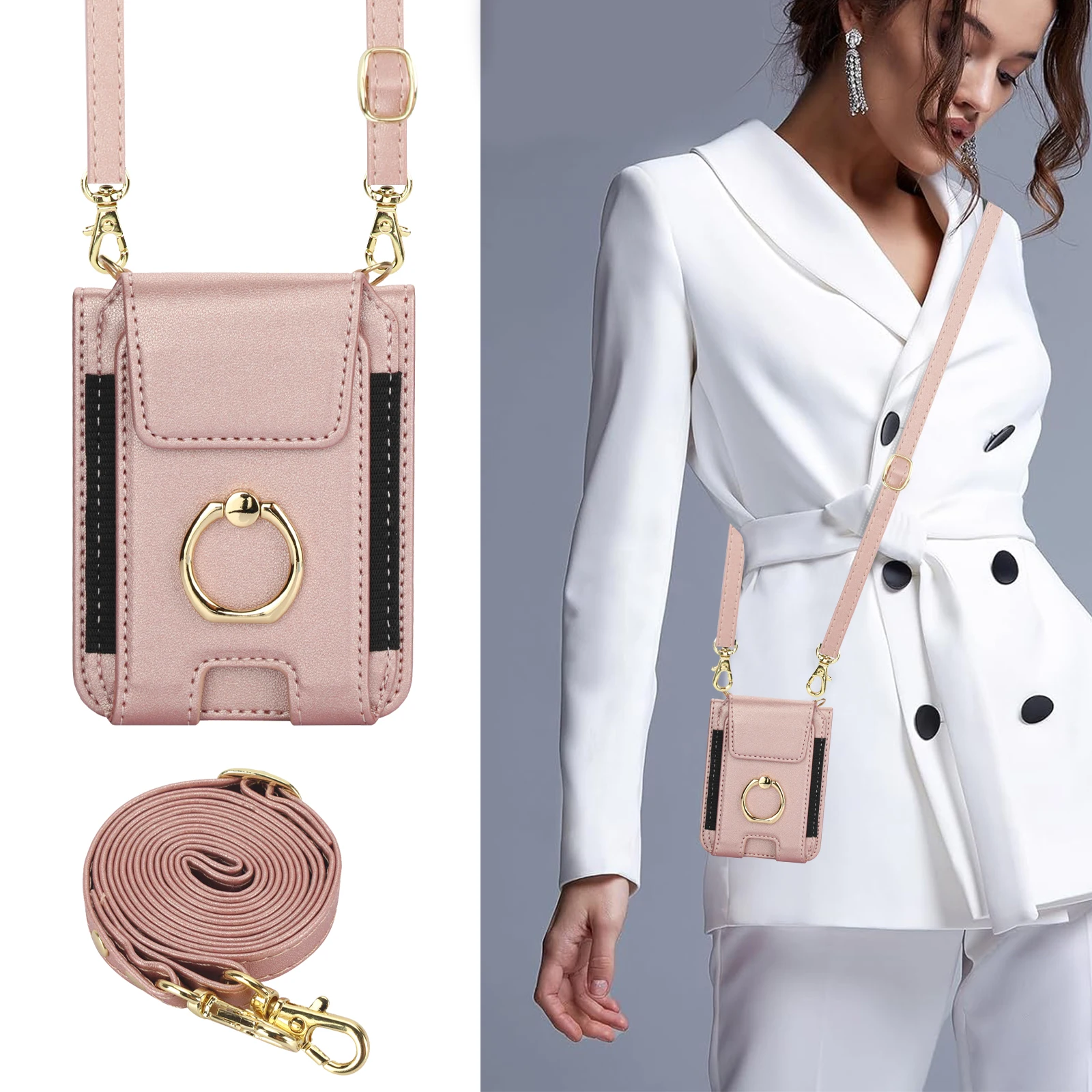 Elastična kožna futrola za prstenje s karticama za Samsung Galaxy Z Flip 6 5 4 3 5G Flip6 Flip5, vertikalna torba s vrpcom_voghion.com