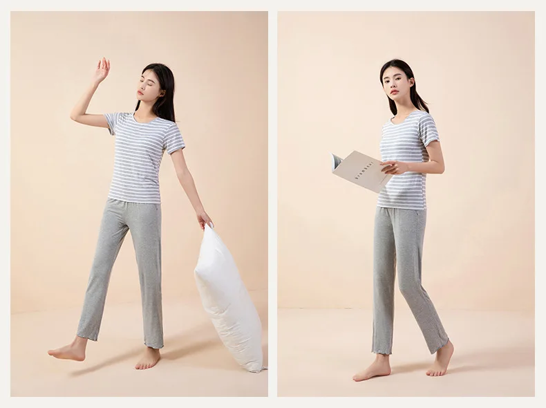 M-3XL Mode Gestreiften Drei Stücke Set Neue Modale Schlaf T-shirt + Shorts + Hose Hause Anzug Sommer Pyjamas Für Frauen nacht Kleidung – Detail 6