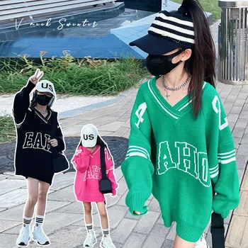 Young girls Sweaters Autumn Children's Cotton Wool Sweatshirt Teens girls Jumpers Long Loose Letter V-neck Knitted Kids Clothing