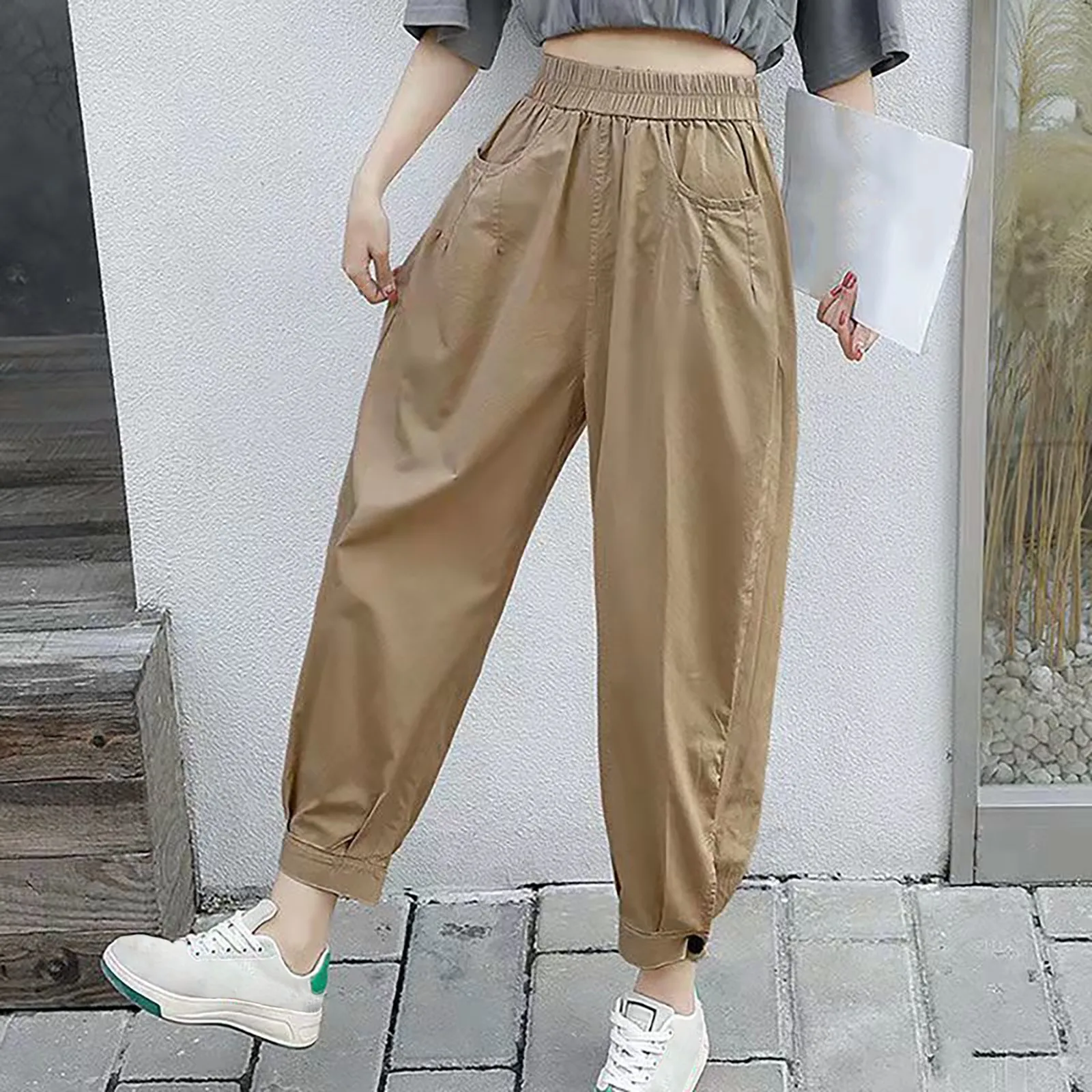 

Casual Loose Women's Cargo Pants 2024 Spring High Waist Capri Trousers Cotton Harem Pants For Women Joggers Sweatpants 2024