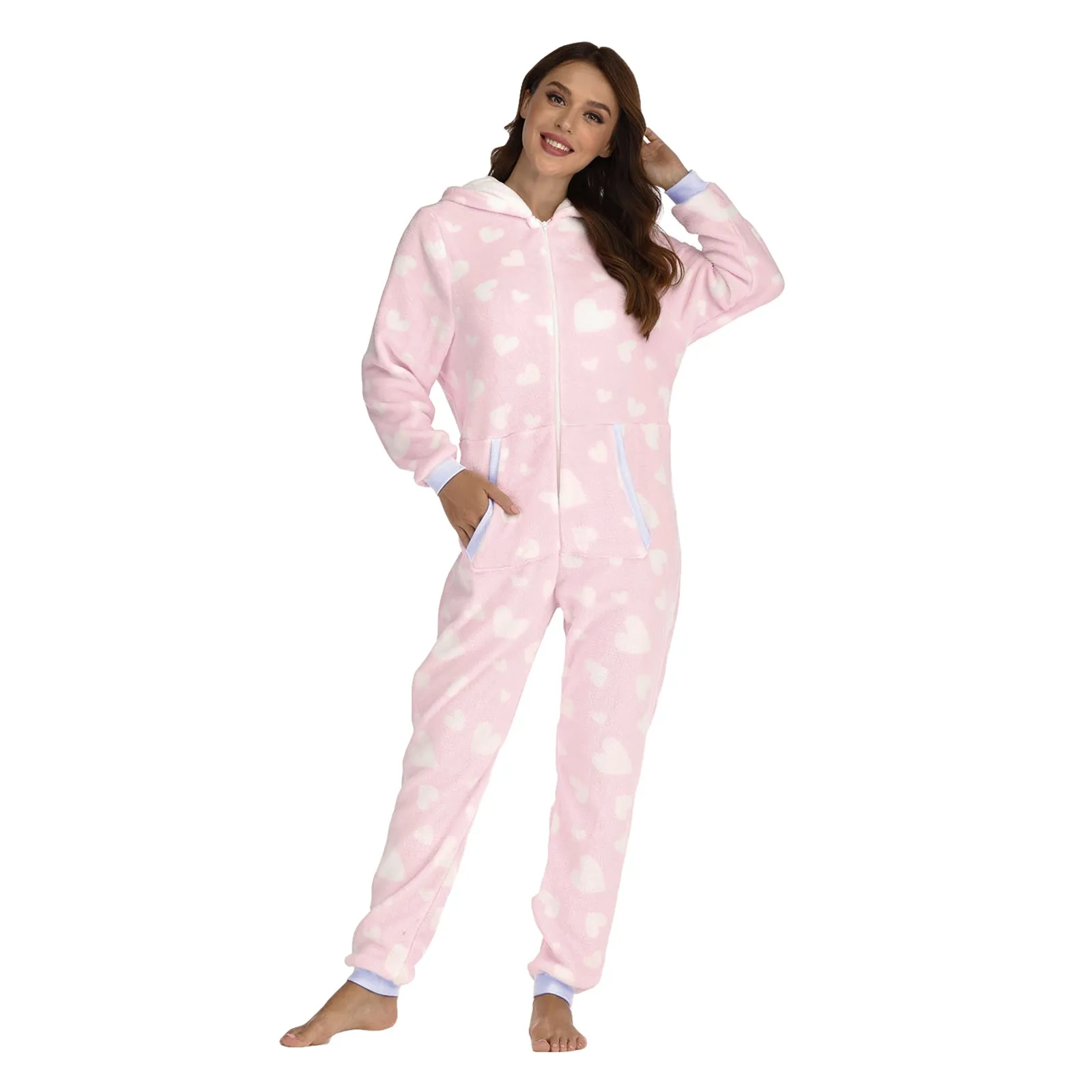 Women's Fleece Pajamas Printing Sleepwear Pajamas Hooded Jumpsuit Rompers Clubwear Nightwear Plush Drawstring Sleepwear Jumpsuit
