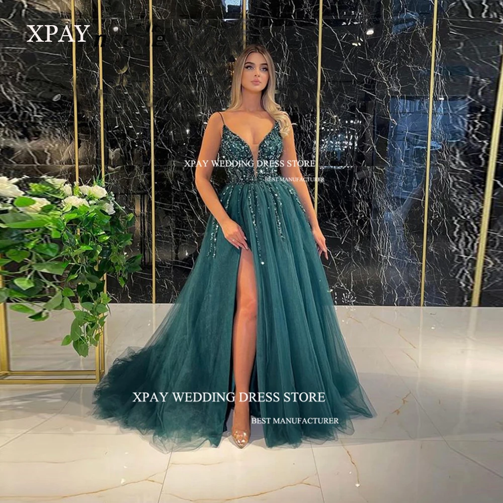 

XPAY New Exquisite Glitter V-Neck Prom Dresses A-Line Spaghetti Strap Floor- Length High Split Evening Gowns Formal Party Dress