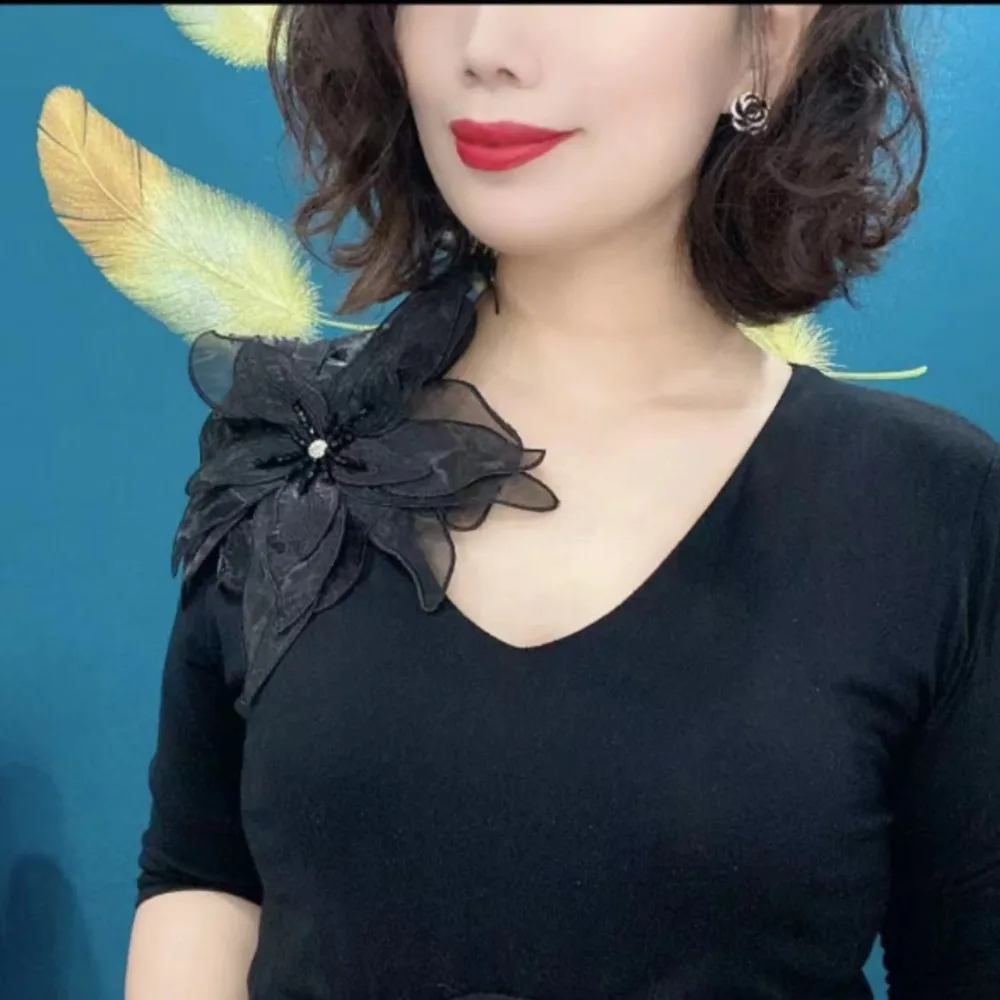 다층 오간자 입체 꽃 크리스탈 스터드 진주 원피스 장식, 브로치 액세서리 포함