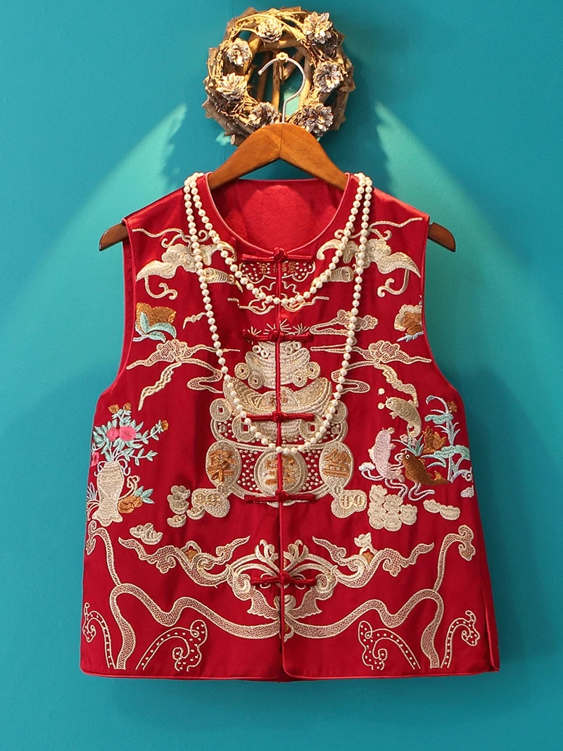 

Жилет из слитка с золотой нитью из ацетата с вышивкой, новый жилет в китайском стиле с красной пряжкой, улучшенный Национальный жилет для женщин