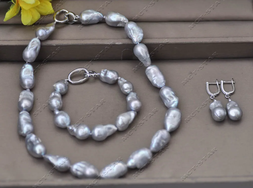 MTC·STAR  Z13240 Set Gray Baroque Keshi Reborn Pearl Necklace Bracelet Earring Custom Jewelry 4