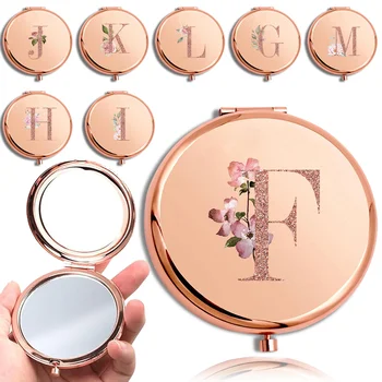 Miroir rond de maquillage grossissant Double face en métal, cosmétique, aspect Portable, verre, Compact, motif de lettres en or Rose 1