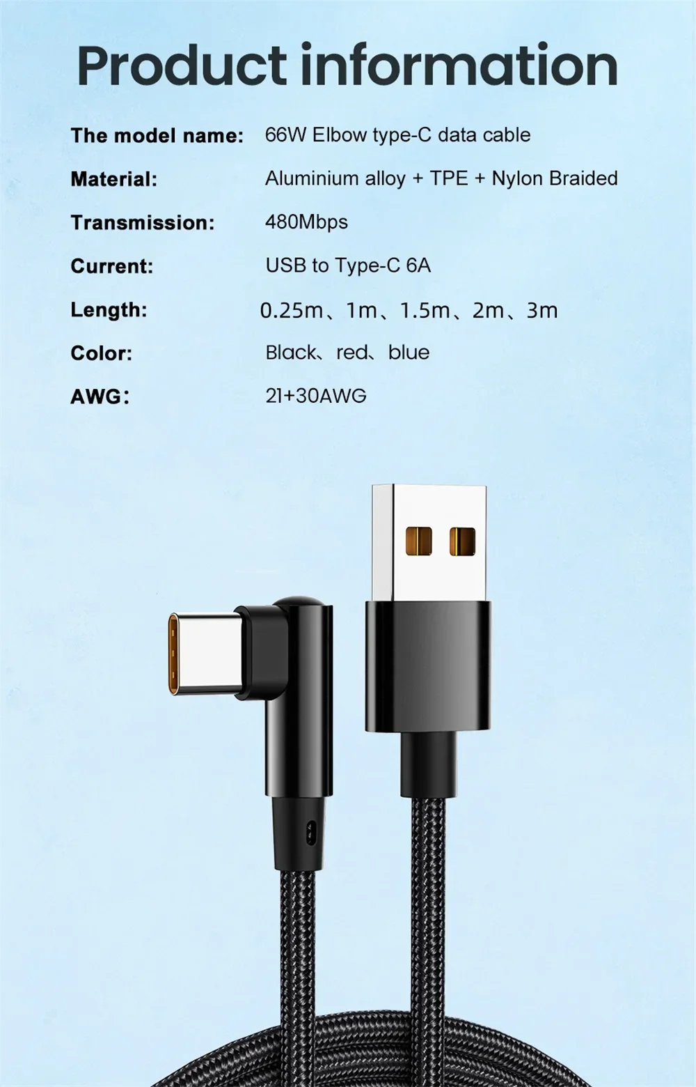66W 6A 90-Grad-Winkel USB auf Typ-C Schnellladekabel Datenkabel Schnellladekabel 0,25m 1m 1,5m 2m 3m Längen Handy-Ladekabel – Detail 8