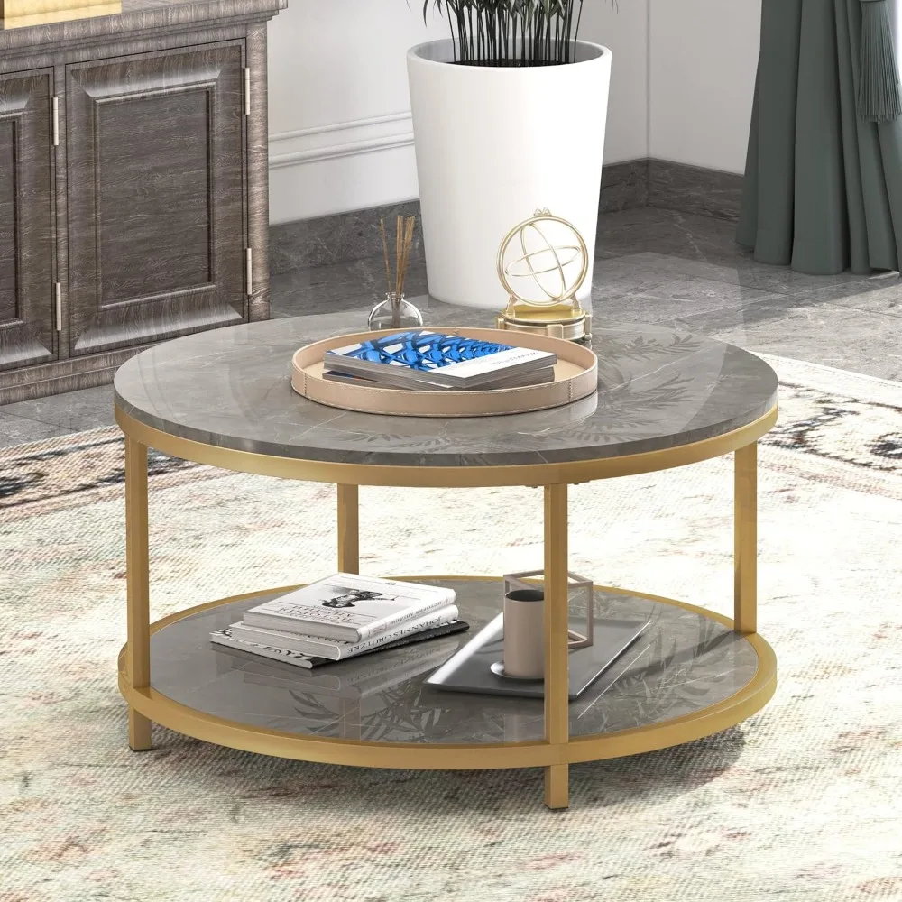 Round Coffee Table 33.5" Coffee Tables for Living Room High Glossy Faux Marble Top Modern Circle Table Sturdy Gold Metal 3