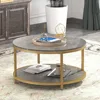 Round Coffee Table 33.5" Coffee Tables for Living Room High Glossy Faux Marble Top Modern Circle Table Sturdy Gold Metal 3
