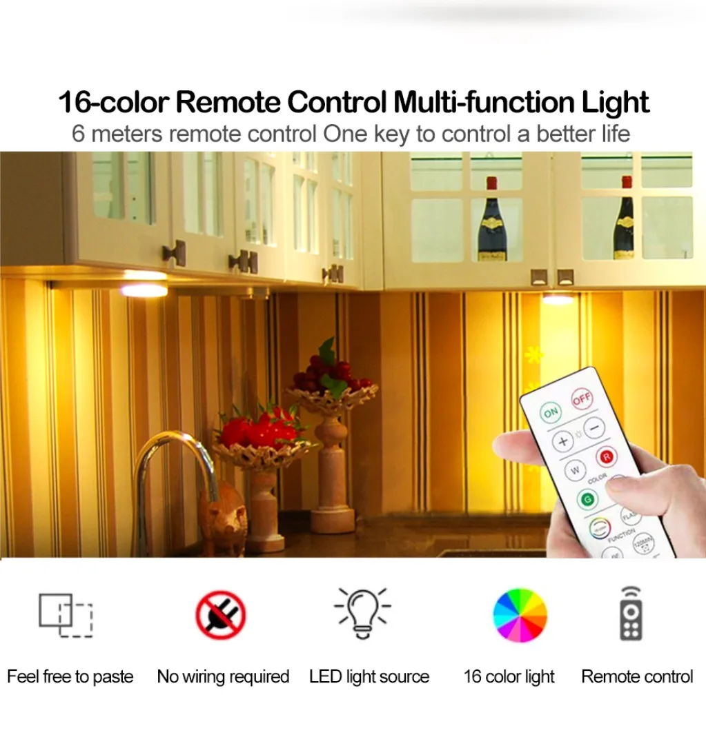1 Set Multiple Controls 16 Colors Cabinet Light Dimmable LED Round Night Light Portable Cabinet Kitchen Closet Lamps with Remote