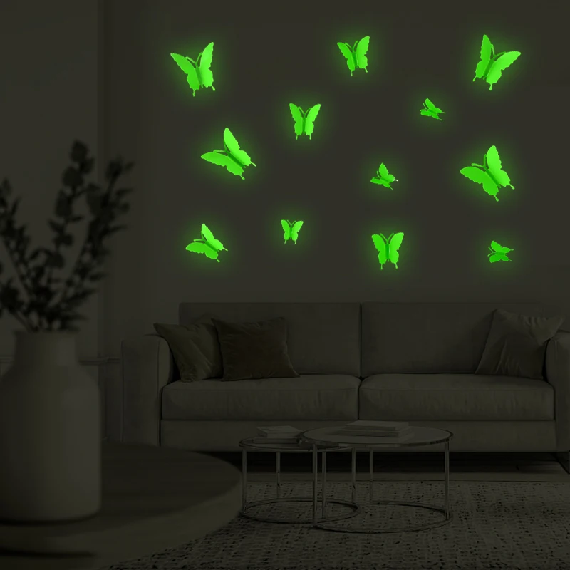 24/12Pcs Glow in the dark Wall Stickers 3d Solid Colours Luminous Butterfly Sticker Decorations for Home Kids Room Decor