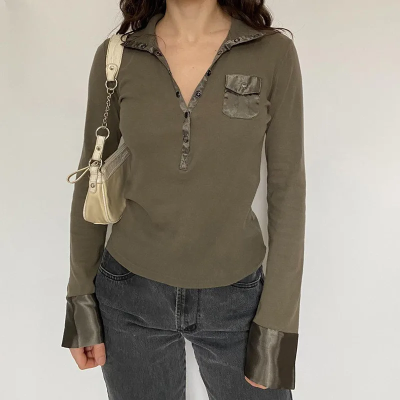 

Women Trendy Casual Blouse Satin Patchwork Lapel Snap Buttons Long Sleeve Pullover Tops Ladies Slim Solid Color Jumpers Autumn