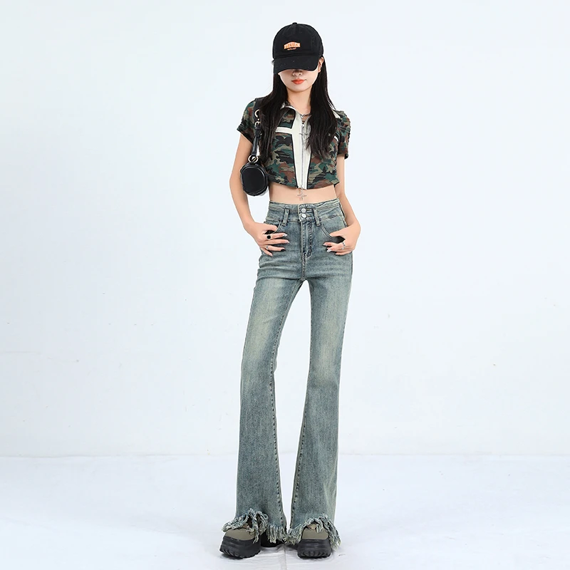 

Real shot jeans women's trousers Vintage blue 2023 summer new style elastic high waist with slightly flared rough edges Small ho