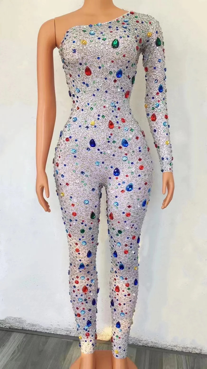 

Sexy Mesh Sheer Rhinestone Jumpsuit Stage Birthday Dance Dress Sparkling Color Bodysuit Crystal Stone Jumpsuit